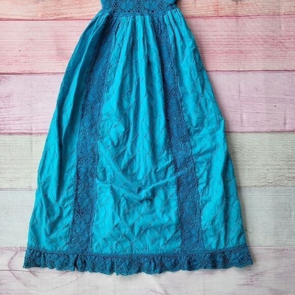 Vintage Turquoise Mexican Bell Sleeve Crochet Trim Maxi Boho Dress XS/S - Picture 3 of 7